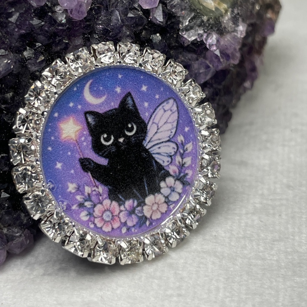 2/$20 Black Cat Brooch Or Magnet- Purple Night Sky Artisan Designed